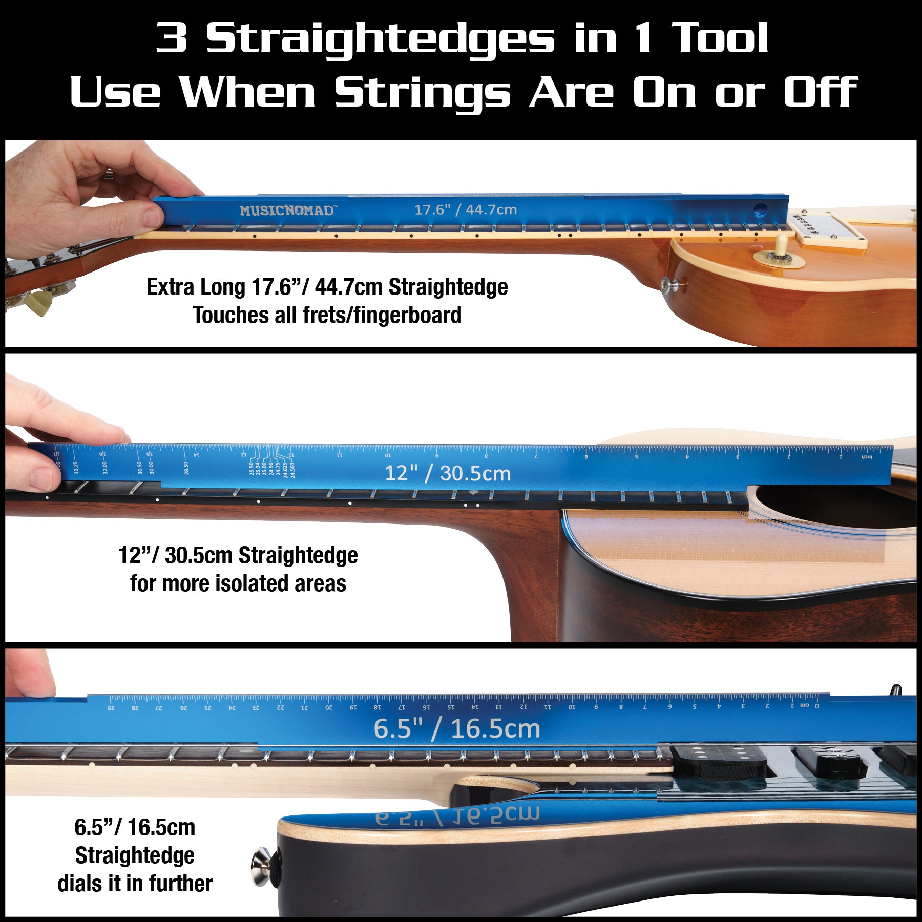 MusicNomad Tri-Beam 3 'n 1 Straightedge, plus SAE/Metric Ruler & Scale Length Ruler for Acoustic & Electric Guitars