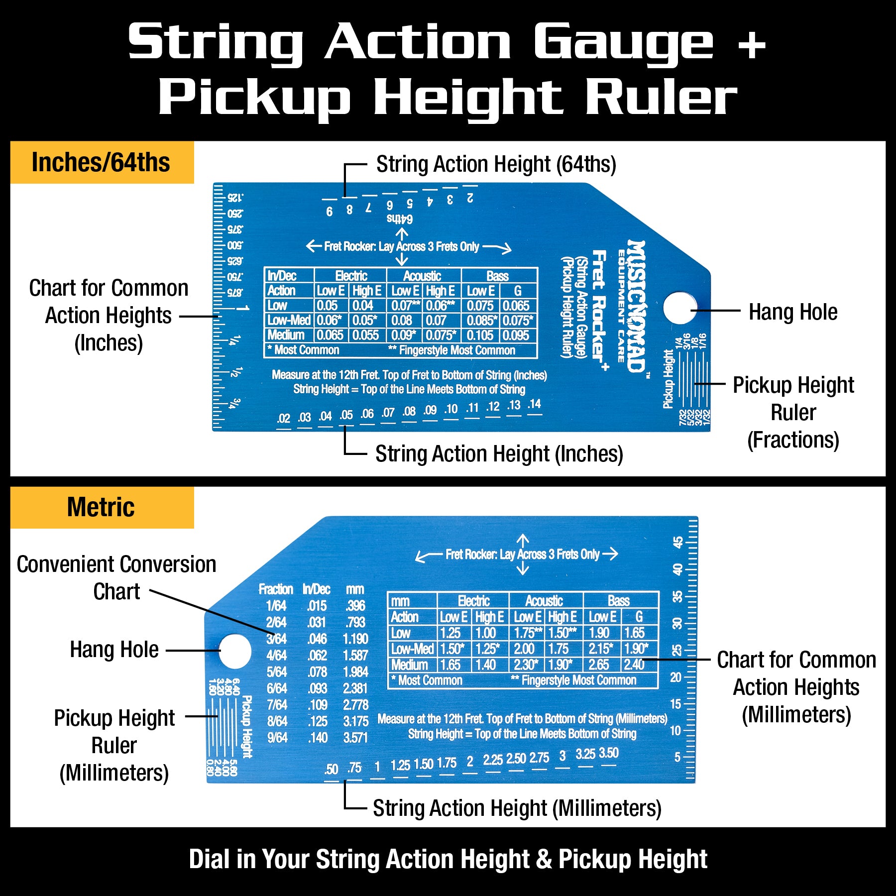 MusicNomad Fret Rocker+ with String Action Gauge/Pickup Ruler