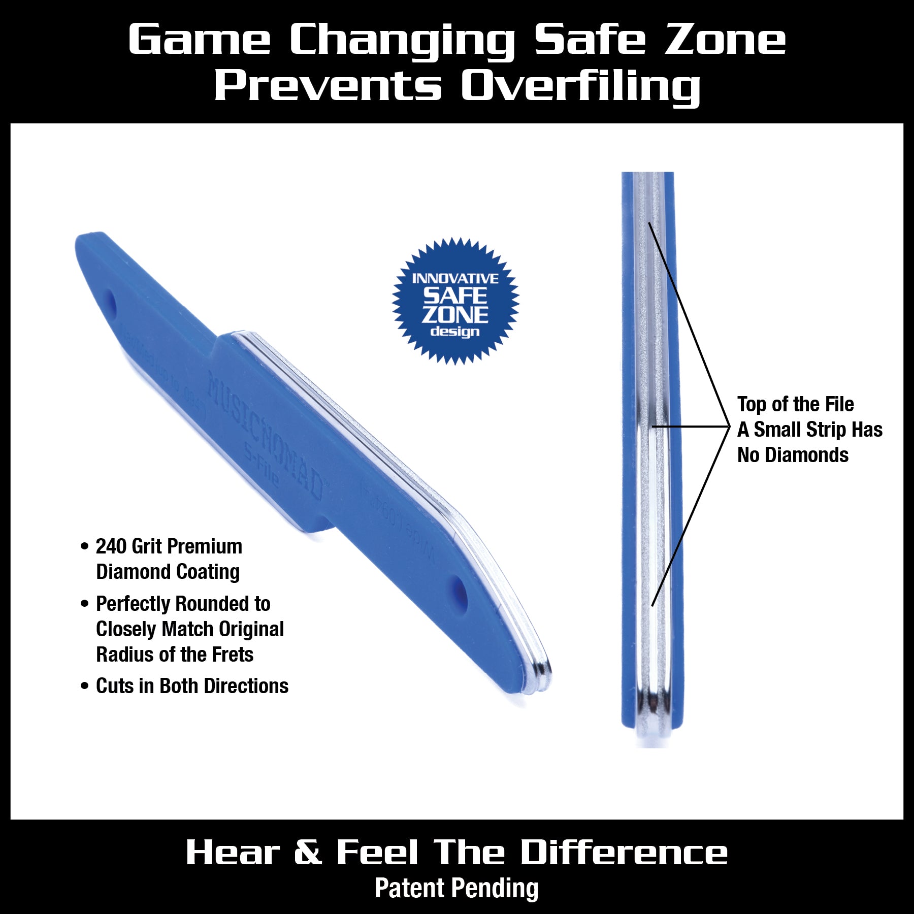 Diamond Coated, Safe Zone Guitar Fret Crowning File (S-File)