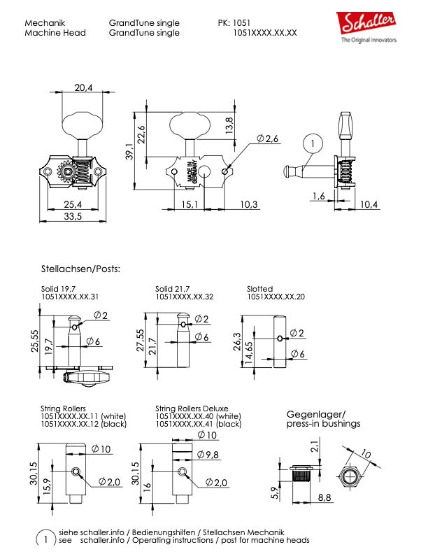 Schaller GrandTune Open Gear Tuning Machines (SLOTTED Headstock)
