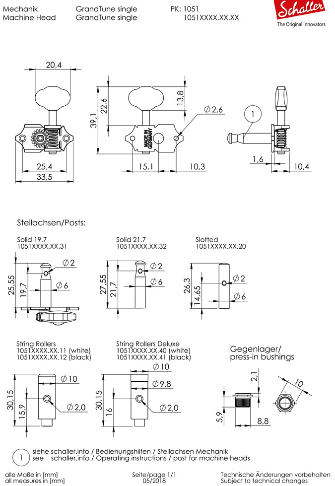Schaller GrandTune Open Gear Tuning Machines (SOLID Headstock)